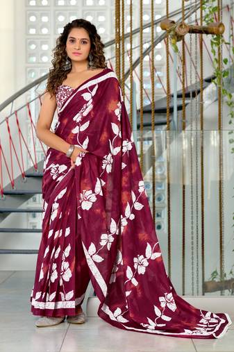Maroon mulmul cotton hand block floral print saree with printed blouse piece