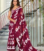 Maroon mulmul cotton hand block floral print saree with printed blouse piece