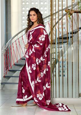 Maroon mulmul cotton hand block floral print saree with printed blouse piece 2