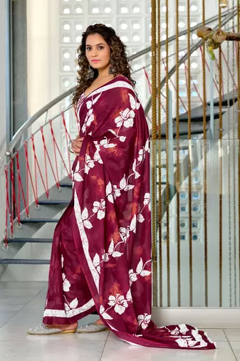 Maroon mulmul cotton hand block floral print saree with printed blouse piece