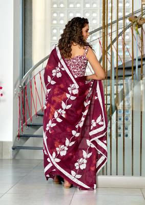 Maroon mulmul cotton hand block floral print saree with printed blouse piece 3