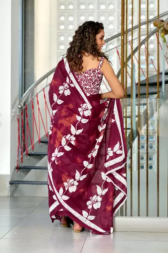 Maroon mulmul cotton hand block floral print saree with printed blouse piece