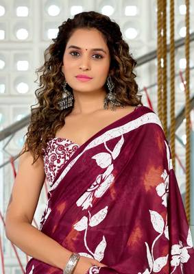Maroon mulmul cotton hand block floral print saree with printed blouse piece 4