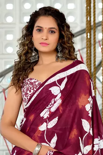 Maroon mulmul cotton hand block floral print saree with printed blouse piece