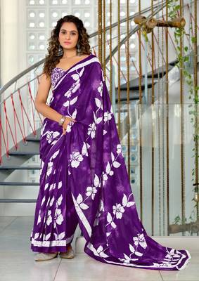 Purple mulmul cotton hand block floral print saree with printed blouse piece 1