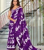 Purple mulmul cotton hand block floral print saree with printed blouse piece