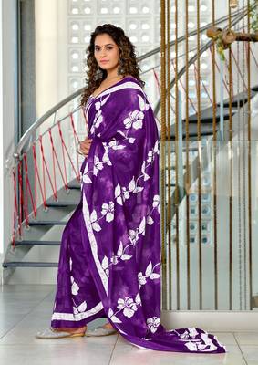 Purple mulmul cotton hand block floral print saree with printed blouse piece 2
