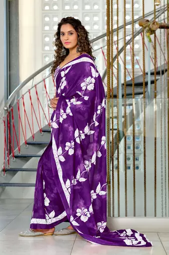 Purple mulmul cotton hand block floral print saree with printed blouse piece