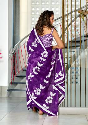 Purple mulmul cotton hand block floral print saree with printed blouse piece 3