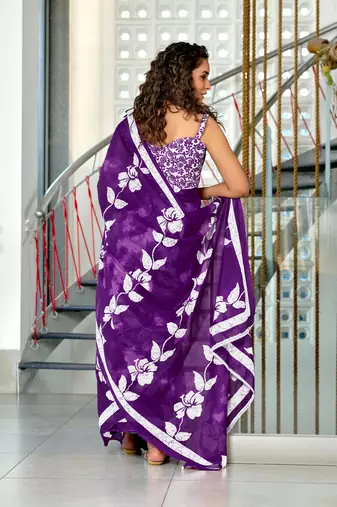 Purple mulmul cotton hand block floral print saree with printed blouse piece