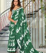 Green mulmul cotton hand block floral print saree with printed blouse piece