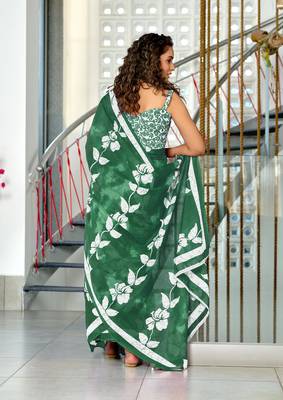 Green mulmul cotton hand block floral print saree with printed blouse piece 3