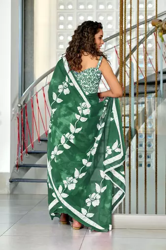 Green mulmul cotton hand block floral print saree with printed blouse piece