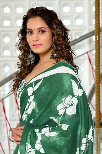 Green mulmul cotton hand block floral print saree with printed blouse piece