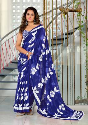 Blue mulmul cotton hand block floral print saree with printed blouse piece 1