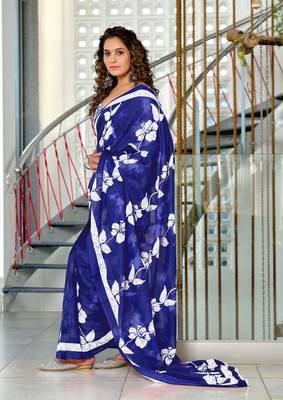 Blue mulmul cotton hand block floral print saree with printed blouse piece 2