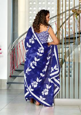 Blue mulmul cotton hand block floral print saree with printed blouse piece 3