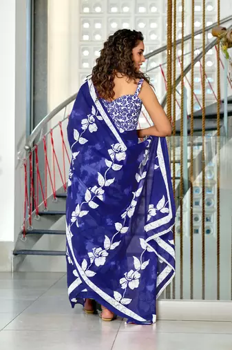 Blue mulmul cotton hand block floral print saree with printed blouse piece