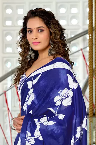 Blue mulmul cotton hand block floral print saree with printed blouse piece