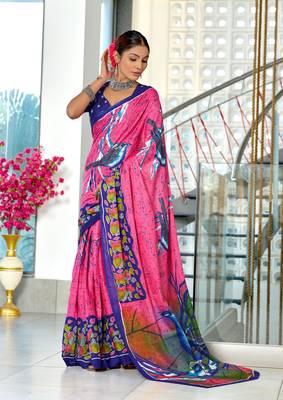 Pink mulmul cotton hand block printed saree with contrast blouse piece 1