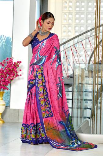 Pink mulmul cotton hand block printed saree with contrast blouse piece