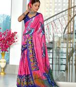 Pink mulmul cotton hand block printed saree with contrast blouse piece