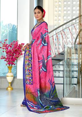 Pink mulmul cotton hand block printed saree with contrast blouse piece 2