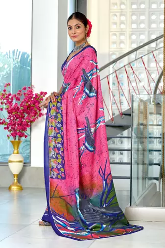 Pink mulmul cotton hand block printed saree with contrast blouse piece