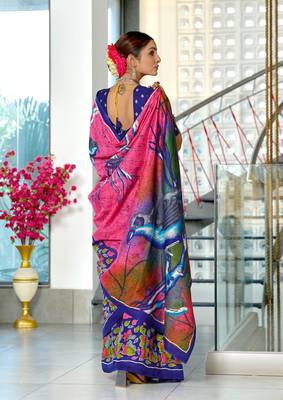 Pink mulmul cotton hand block printed saree with contrast blouse piece 3