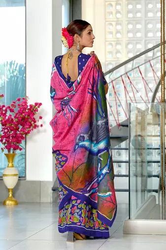 Pink mulmul cotton hand block printed saree with contrast blouse piece