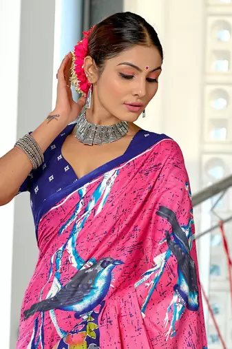 Pink mulmul cotton hand block printed saree with contrast blouse piece