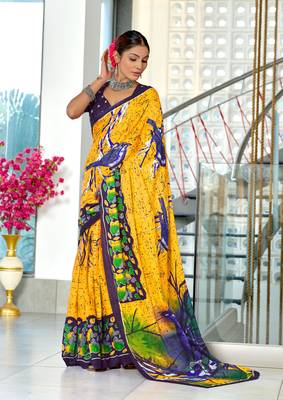 Yellow mulmul cotton hand block printed saree with contrast blouse piece 1