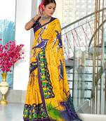 Yellow mulmul cotton hand block printed saree with contrast blouse piece