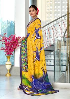 Yellow mulmul cotton hand block printed saree with contrast blouse piece 2