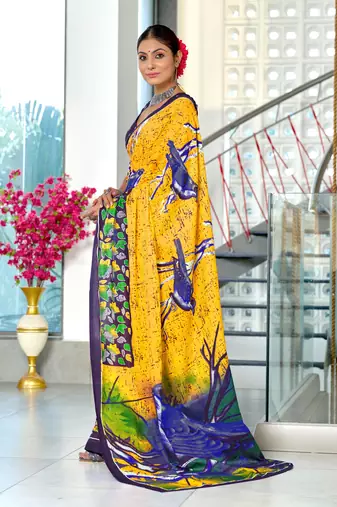 Yellow mulmul cotton hand block printed saree with contrast blouse piece