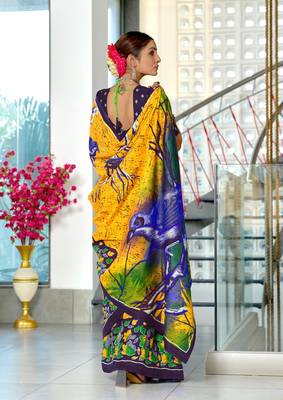 Yellow mulmul cotton hand block printed saree with contrast blouse piece 3