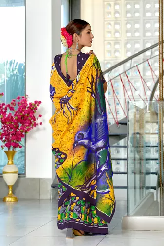 Yellow mulmul cotton hand block printed saree with contrast blouse piece