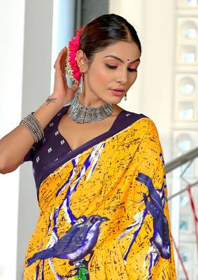 Yellow mulmul cotton hand block printed saree with contrast blouse piece 4