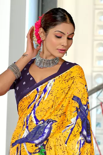 Yellow mulmul cotton hand block printed saree with contrast blouse piece