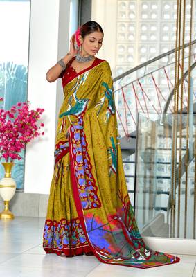 Olive mulmul cotton hand block printed saree with contrast blouse piece 1