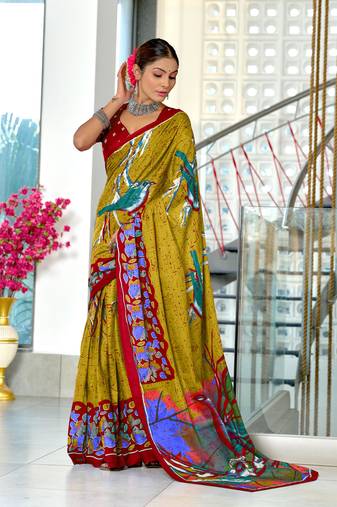 Olive mulmul cotton hand block printed saree with contrast blouse piece