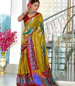 Olive mulmul cotton hand block printed saree with contrast blouse piece