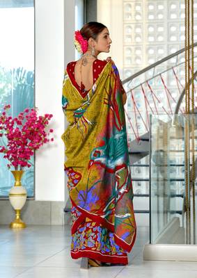 Olive mulmul cotton hand block printed saree with contrast blouse piece 2