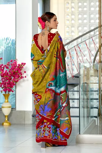 Olive mulmul cotton hand block printed saree with contrast blouse piece