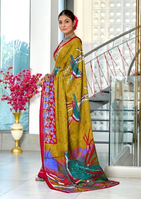 Olive mulmul cotton hand block printed saree with contrast blouse piece 3