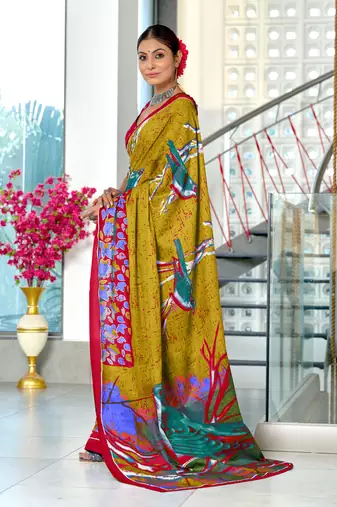 Olive mulmul cotton hand block printed saree with contrast blouse piece
