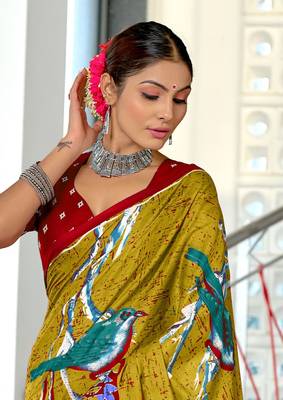 Olive mulmul cotton hand block printed saree with contrast blouse piece 4