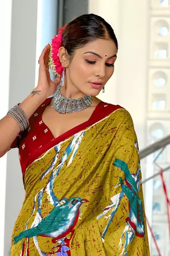 Olive mulmul cotton hand block printed saree with contrast blouse piece