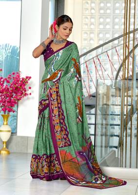 Green mulmul cotton hand block printed saree with contrast blouse piece 1