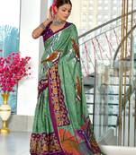 Green mulmul cotton hand block printed saree with contrast blouse piece